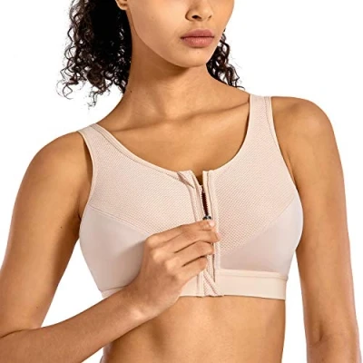 Imagen de SYROKAN Sujetador Deportivo Espalda Deportiva con Cremallera para Mujer Beige 95C