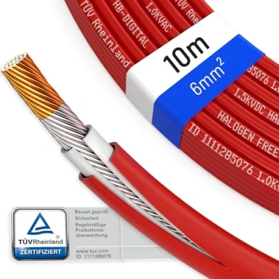Imagen de hb digital 10m Cable solar 6 mm2 H1Z2Z2 K Probado por TÜV Rheinland Resistente a los rayos UV Flexible Cobre puro 1500 V de extensión fotovoltaico para panel placa