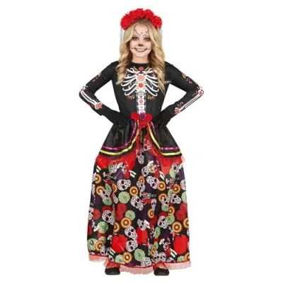 Imagen de FIESTAS GUIRCA Disfraz de La Catrina Vestido Largo Elegante y Diadema con Flores para Niñas 5 6 Años