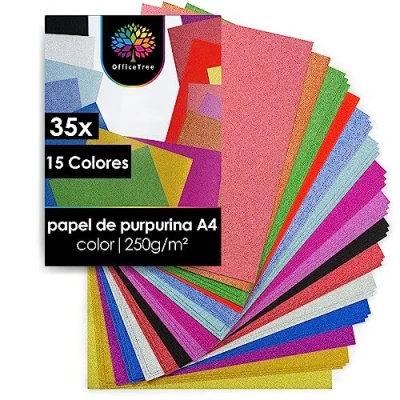 Imagen de OfficeTree 35x Cartulina Purpurina A4 250g/m² 15 Colores Papel Brillante Bricolaje y Scrapbooking No Autoadhesivo con Cartulinas Manualidades Coloured Card