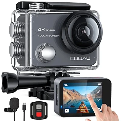 Imagen de COOAU Cámara Deportiva 4K 60FPS WiFi 20MP Pantalla táctil, Sumergible Acuática 40M Impermeable, de Acción EIS con Control Remoto Ángulo Ajustable Multi Accesorios 2x1350mAh Baterías