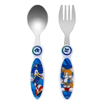 Imagen de Juego de cubiertos acero inoxidable no tóxico Sonic 2 piezas cuchara y tenedor para niños