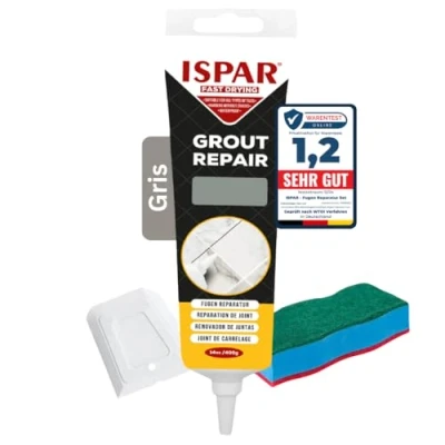 Imagen de Ispar Kit de reparación juntas para azulejos con espátula y esponja, mortero azulejos, masilla renovar las (Gris)