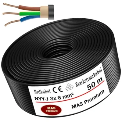 Imagen de cable subterráneo MAS Premium® Anillo de eléctrico marca alemana para instalación en el y al aire libre (NYY J 3 x 6 mm², 50 m)