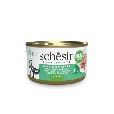 Imagen de Schesir, Filetes de Atún con Algas en Gelatina, Comida Húmeda Complementaria para Gatos, Latas, Receta Original, 100% Natural, 12 x 70g