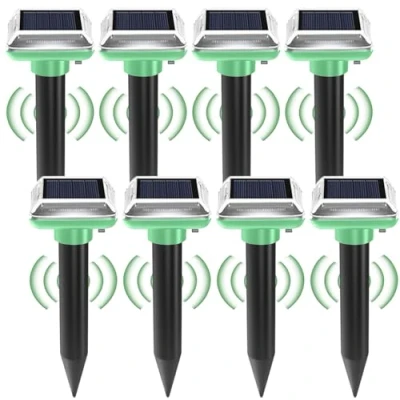 Imagen de BAIFULAI ahuyentador de topos solar, 8 unidades, topos, roedores por ultrasonidos, IP66 resistente al agua, para gopher serpientes y otras plagas (verde)