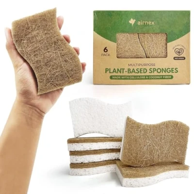 Imagen de Paquete de 6 esponjas cocina naturales, celulosa y coco, nogal, aptas para platos, no rayan limpian, secado rápido, sin olor