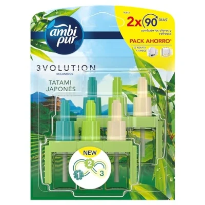 Imagen de Ambipur 3Volution Tatami Japonés Recambio De Ambientador Electrico 80ml, 3 Aromas Que Se Alternan Para Eliminar Olores