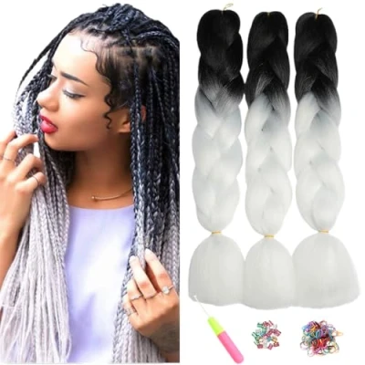Imagen de Kanekalon Extensiones de Pelo Trenzas Africanas, Showjarlly 24&quot; Africanas Extensiones, 3 Piezas/Lote Sintetico Crochet Para Negro/blanco