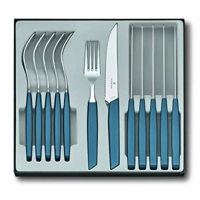 Imagen de Victorinox Swiss Modern set de cubiertos para 6 personas, 12 piezas, incl. cuchillos afilados con filo sierra, mangos plástico, azul aciano