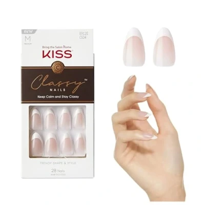 Imagen de KISS Classy Juego de 28 uñas postizas listas para usar, impermeables, resistentes a las manchas, astillas, sin tiempo secado, duraderas y flexibles, duraderas, forma media