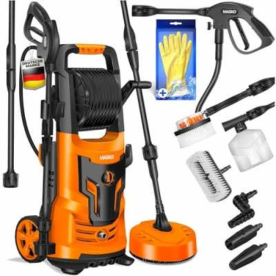 Imagen de Masko® Limpiadora de Alta presión 2200 W 165 Bar 450 l/h, con Carrete 10m Manguera 9.pcs. Juego Accesorios, Botella jabón Boquilla Espuma, Pistola