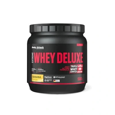 Imagen de Body Attack Extreme Whey Deluxe, proteína en polvo con aminoácidos y complejo de triple suero aislado suero, perfectamente soluble, bajo azúcar, grasas, lata de, Crema plátano, 500g, calidad Made in Germany