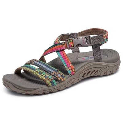 Imagen de Skechers Reggae Sew Me Correa Trasera Tejida Bohemia con Tiras, Sandalia Mujer, Gris Topo Multi (Taupe Multi), 40 EU