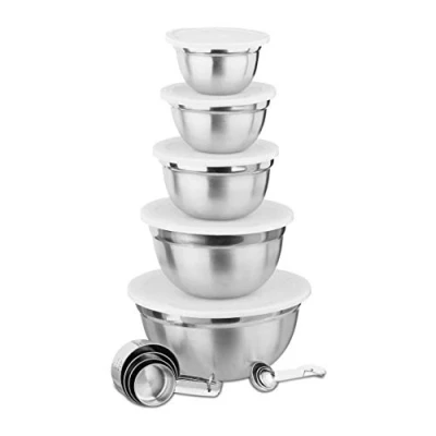 Imagen de Relaxdays 10024713 Juego de 18 Utensilios Cocina, 5X Bol para Mezclar con Tapa, cucharas y Tazas medidoras, Plateado Blanco, Plástico