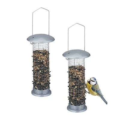 Imagen de Relaxdays Set 2 Comederos Pájaros, Semillas y Cacahuates, Colgantes, Dispensadores Comida Aves, 33x10cm, Metal, Plateado