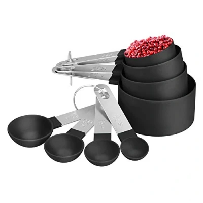 Imagen de Juego de 8 Tazas y Cucharas medidoras, Medidoras Plástico Reutilizables con Mango Acero Inoxidable para Medir Líquidos Sólidos (Negro)