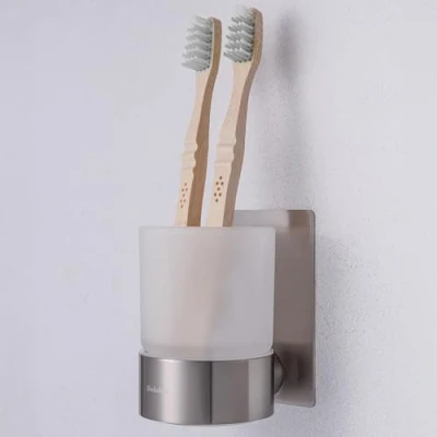 Imagen de Dolvhin® Portavasos para cepillos de dientes sin taladrar Vaso vidrio esmerilado pegar y soporte pared acero