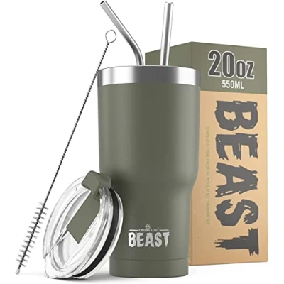 Imagen de Greens Steel BEAST Termo Café para Llevar 550ml I Verde Militar Taza Térmica de Acero Inoxidable Reusable Viajera Doble Pared al Vacío 2 Pajitas y Cepillo Limpieza
