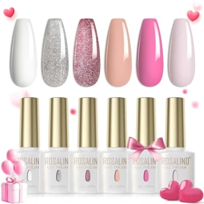 Imagen de ROSALIND Esmaltes Semipermanentes para Uñas Blanco Nude Rosa Claro Purpurina Plata 6 Colores Kit Pintauñas de Gel UV LED en Nail Polish Valentín
