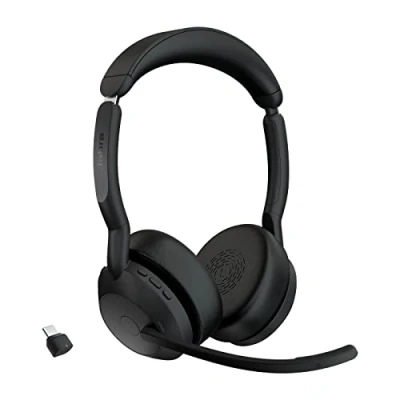 Imagen de Jabra Evolve2 55 Auriculares Estéreo Inalámbricos con Tecnología Air Comfort, Micrófonos Cancelación de Ruido y ANC, para Plataformas UC como Zoom Google Meet, Negro