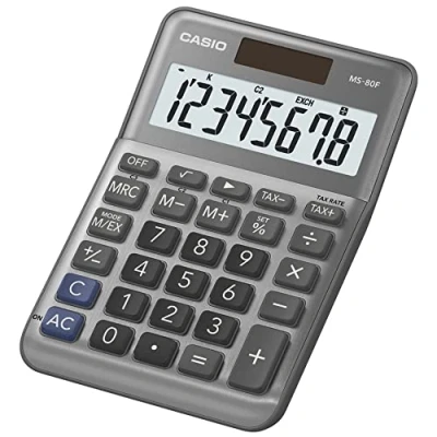 Imagen de Casio Calculadora Ms 80F, 8 Dígitos, Cálculo de Control, Raíz Cuadrada, Frente Aluminio, Cambio Signo, Funcionamiento Solar/Batería