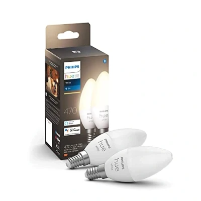 Imagen de Philips Hue Bombilla LED Inteligente, B39 E14, Luz Blanca Cálida Regulable, 5.5W 470 Lumens, Compatible con Alexa y Google Home Pack de 2 Bombillas Inteligentes