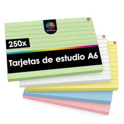 Imagen de OfficeTree 250x Flashcards A6 Fichas Rayadas en 5 Colores Tarjetas Estudio Aprendizaje para Escuela y Estudiar Notas Organización