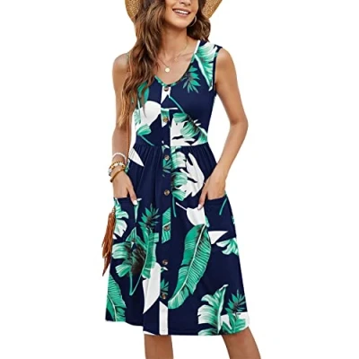 Imagen de MOLERANI Vestidos de Verano para Mujer Sin Mangas Casual Suelto Swing Button Down Midi Dress con Bolsillos (Estampado Azul, M)