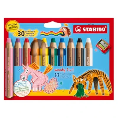 Imagen de STABILO Lápiz de color, acuarela y cera woody 3 en 1 Edición 30 aniversario Estuche con 10 colores sacapuntas