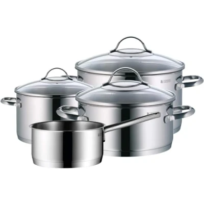 Imagen de WMF Provence Plus Batería de Cocina 4 Piezas, Acero Inoxidable Apto para Inducción, 1 Cacerola Baja 20 cm, 2 Cacerolas Altas 16 cm y 24 Cazo con 3 Tapas Cristal