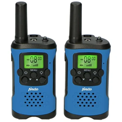 Imagen de Alecto FR 115 Juego de Dos Walkie Talkies para niños Walki Talki con Alcance hasta 7 kilómetros 8 Canales Linterna integrada Pantalla retroiluminada Azul/Negro