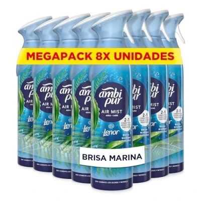 Imagen de Ambipur Brisa Marina Ambientador En Spray 185ml x 8, Con Una Fragancia El Doble De Duradera Que Elimina Olores Y Deja Un Aroma Fresco Ligero