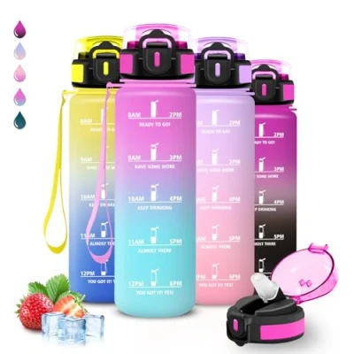 Imagen de Botella Agua 1 litro Gimnasio, A Prueba de Fugas, Cantimplora con Pajita, Water Bottle Eslogan Motivador, Reutilizable, para la Fitness, Senderismo, Deportes, Acampada