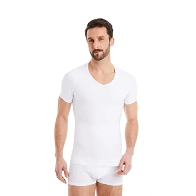 Imagen de FINN Camiseta Reductora para Hombre con Cuello en V Interior de compresión Manga Corta algodón Body Shaper un Vientre más Plano Ideal ginecomastia Blanco 4XL