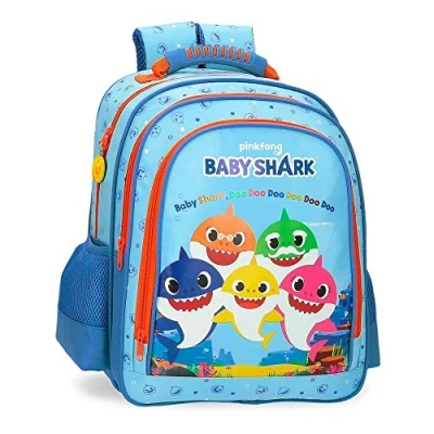 Imagen de Baby Shark Family, Mochila Escolar Doble Compartimento Unisex Niños, Azul (Blue), 28x38x16 Cms