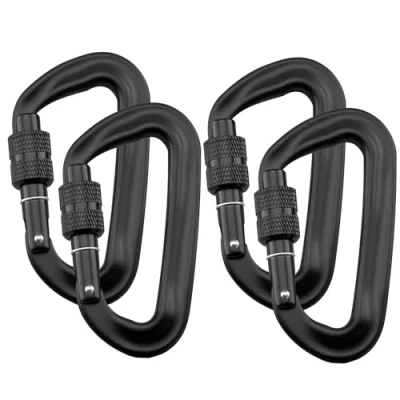 Imagen de Intirilife Set de 4 mosquetones 12 kN 1200 kg Negro 8.2 x 4.6 1.5cm Mosquetón Rosca en Forma D, Cierre Giratorio, Gancho para hamacas, Camping, Senderismo, Correa Perro, Llavero
