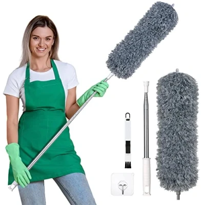 Imagen de Vicloon Plumero de Limpieza, Microfibra con 2 en 1 Ranuras Cepillo Extensible Ajustable Lavable 245cm Barra Telescópica para Ventanas Persianas Muebles Coches Gris Oscuro