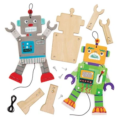 Imagen de Baker Ross Kits de marionetas madera con forma robot (Pack 4) Robots brazos y piernas móviles manualidades infantiles para crear