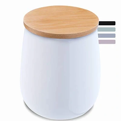 Imagen de KADAX bote cosmético hecho de cerámica con tapa bambú para almacenamiento discos algodón, universal cuarto baño, redondo (blanco)