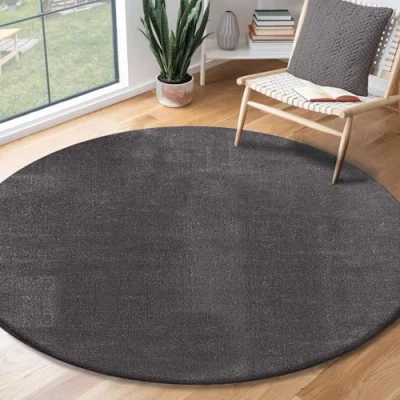 Imagen de the carpet Relax Alfombra Moderna y mullida de Pelo Corto, para salón, Parte Inferior Antideslizante, Lavable hasta 30 Grados, Muy Suave, Antracita, 160 cm Redondo