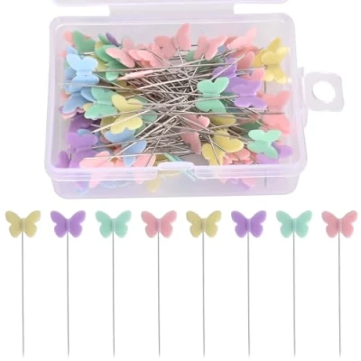 Imagen de 100 Alfileres de Costura Cabeza Plana,Aguja Cabeza,Decorativos Alfileres,Alfileres para Bricolaje,Alfileres Tela,Cabeza Plana con Caja (Mariposa)