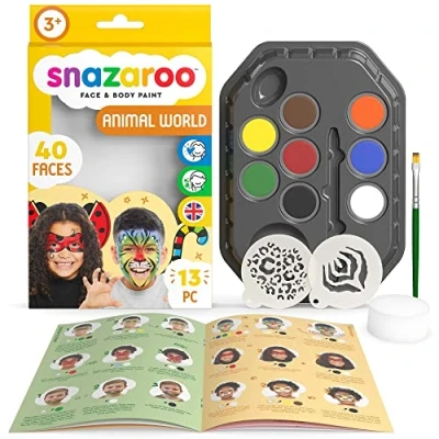 Imagen de Snazaroo Kit de Pintura Facial Mundo Animal para Niños y Adultos, 8 Colores, 2 Plantillas, 1 Pincel, Esponja, Guía Paso a Paso, Base Agua, Maquillaje Pintacaras
