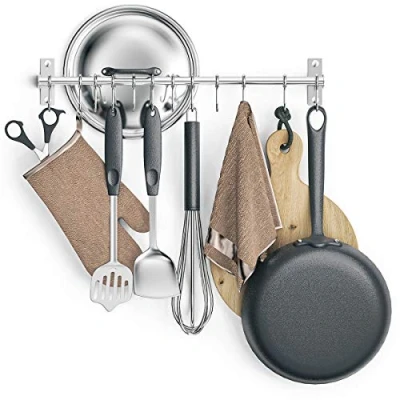 Imagen de Lesfit Porta Utensili da Cucina in Acciaio Inox con 12 Ganci, Barra Portautensili Coltelli Niente Fori Necessari per Bagno Gadget, Padelle, Tazze (Argento)