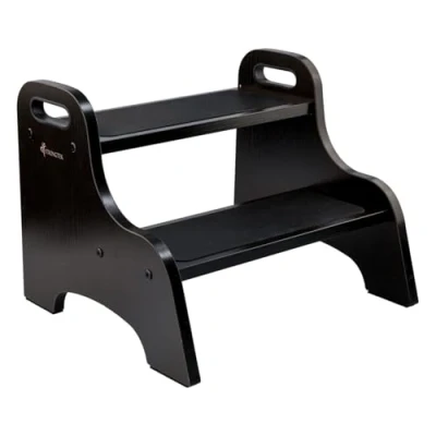 Imagen de StrongTek Taburete de madera 2 escalones para niños con superficie antideslizante, asas portátiles, almohadillas antideslizantes y capacidad 300 libras, soporte multiusos alta resistencia