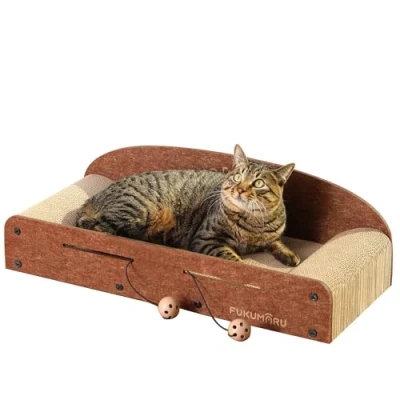 Imagen de FUKUMARU Rascador para Gatos 66 cm, de Fieltro Cartón Ondulado Reciclable con Pelota Juguete，Color Caramelo，Talla Grande