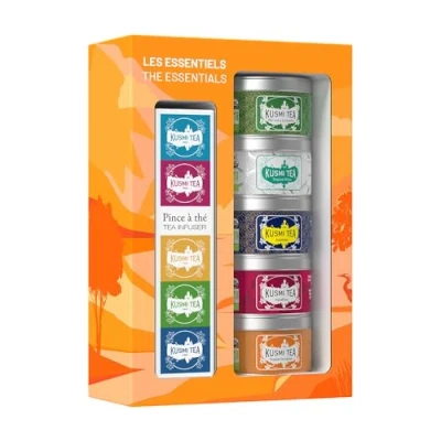 Imagen de Kusmi Tea Surtido de Té para Regalo y Colador Juego Cesta 100% Orgánico Verde, Negro, Infusiones Frías Sabores Icónicos Hojas Sueltas Té, 5 Latas 25 g