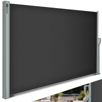 Imagen de tillvex® Toldo lateral de 180 x 400 cm, extensible y opaco, protección visual para balcón, jardín terraza, estor con soporte pared, solar acero inoxidable, contra