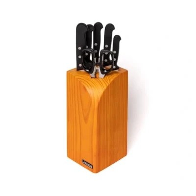 Imagen de Arcos Conjunto Cuchillos 6 piezas Acero Inoxidable Nitrum. 3760 gr. Bloque madera pino. Mango ergonómico polioximetileno POM. Serie Universal. Mayor control. Color negro.