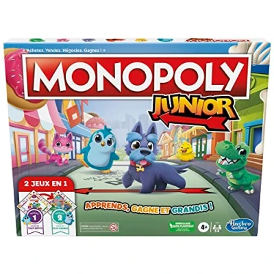 Imagen de Hasbro Gaming juego de mesa Monopoly Junior, tablero 2 caras, juegos en 1, para niños más pequeños; niños, jóvenes (versión francés)